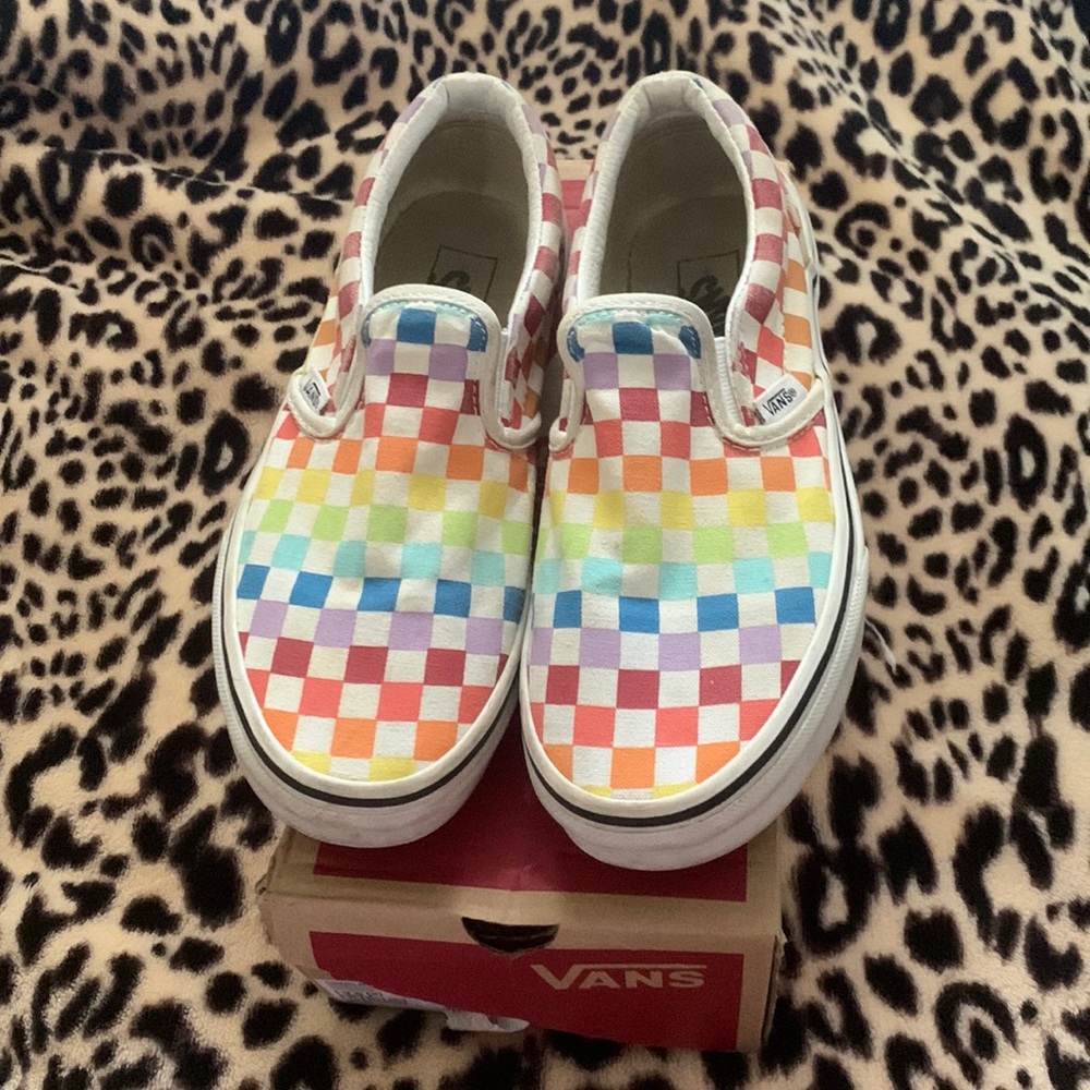 I am selling these beautiful rainbow checkered board slide on vans for sale.
